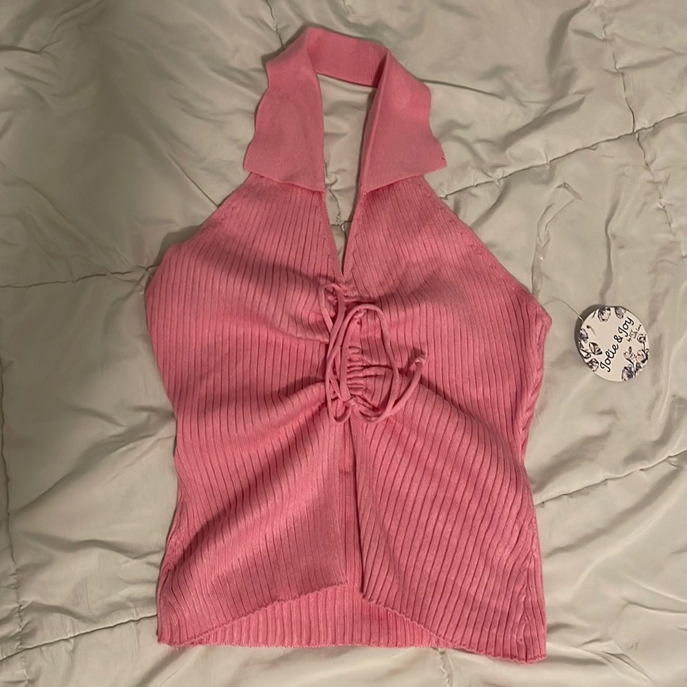 Pink ruched ribbed adjustable polo halter top